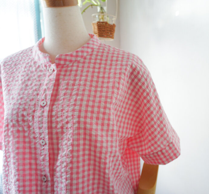 ギンガムチェック柄台襟ドルマンスリーブブラウス(PINK)