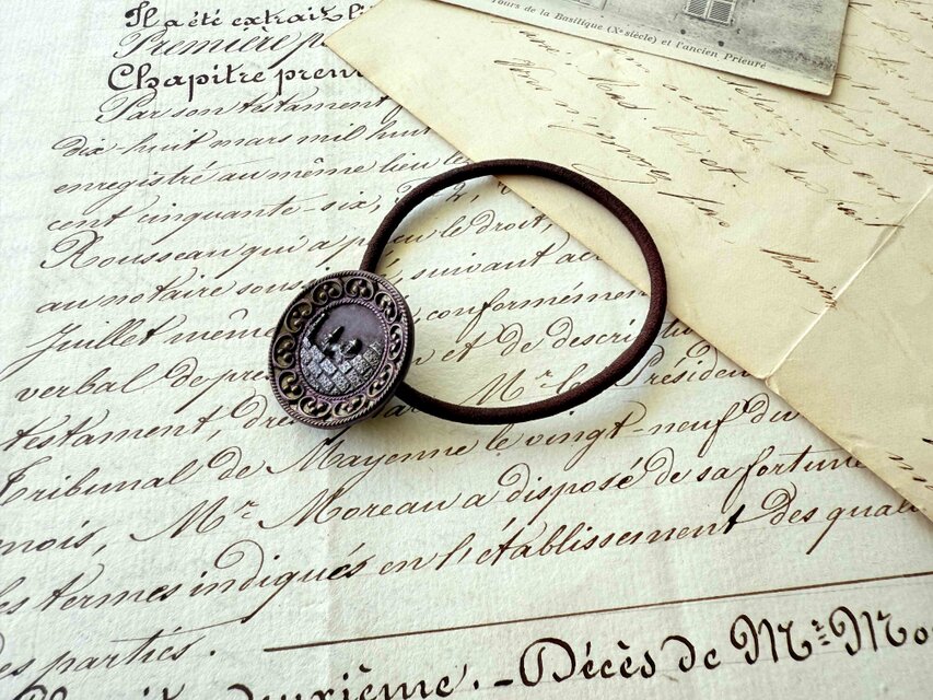 アンティークボタンヘアゴム／石造りの城壁と人物ピクチャーボタン