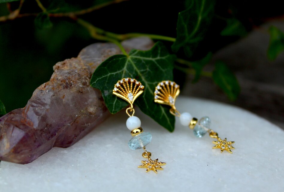 扇ピアス　ブルートパーズ　マザーパール