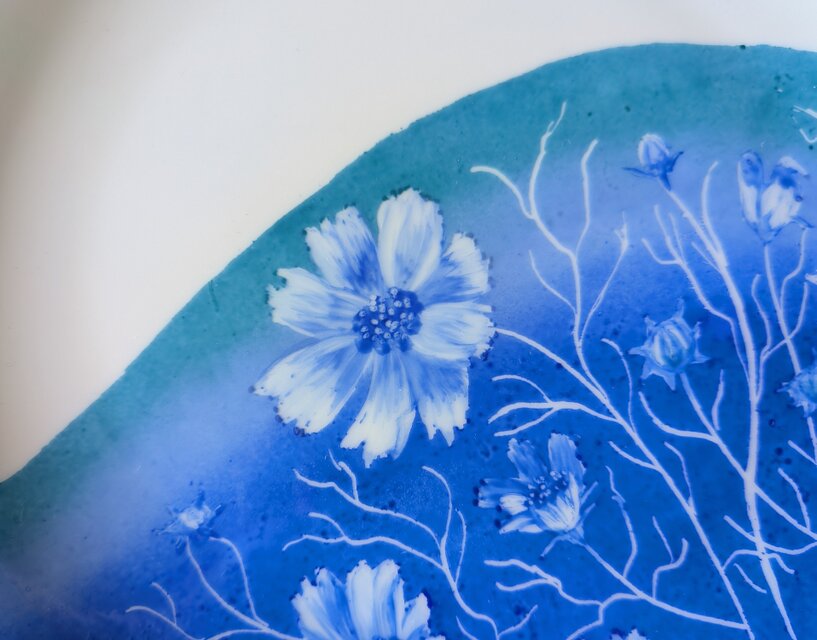 青い花　柄皿 　古美術品 二人異人レモン皿しん窯 青花