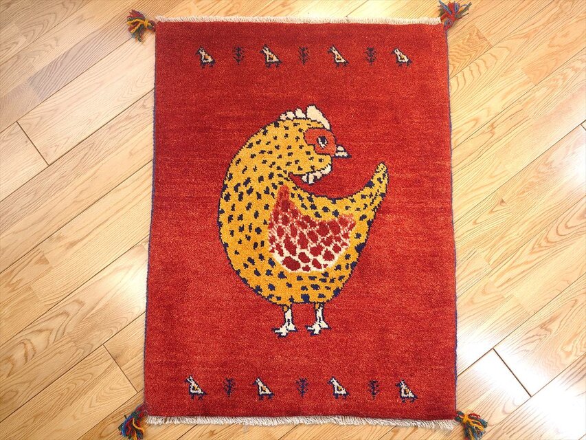ペルシャ ギャッベ 玄関マット ラグ 88x68cm 茜色 にわとり