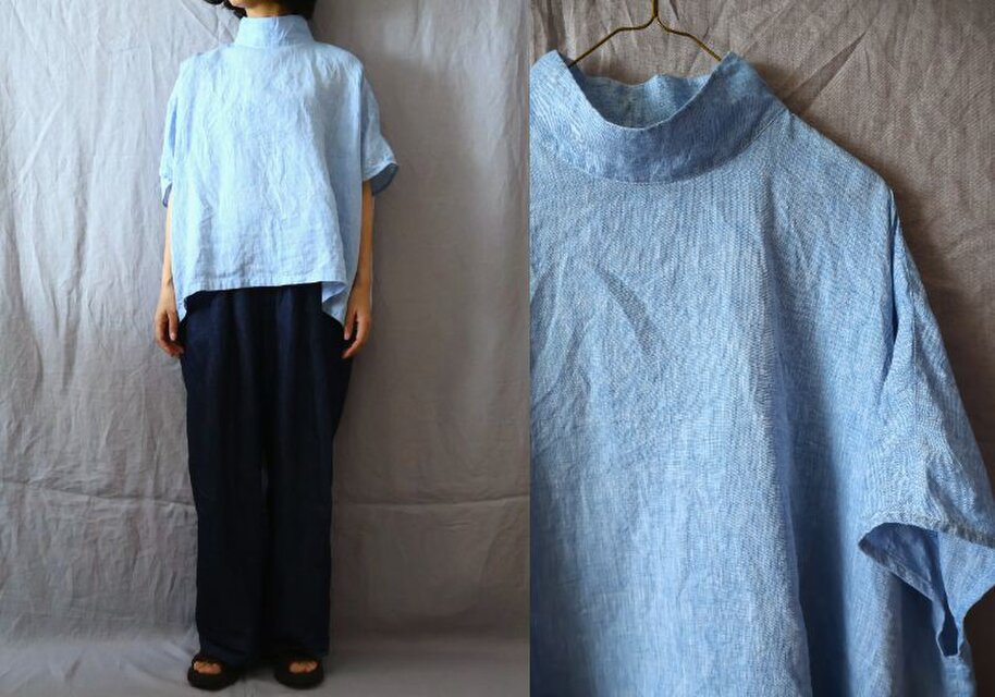 【受注制作】水色/リネンシャンブレー　ハイスタンドカラー/ドルマン袖プル