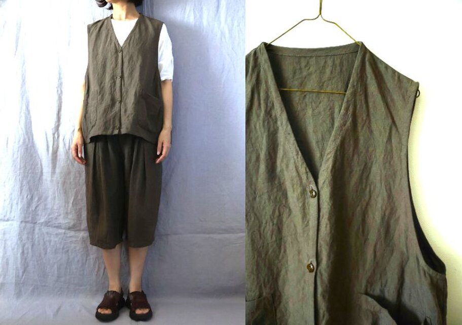 【受注制作】モカ茶/天日干し40リネン　オーバーベスト(1重)