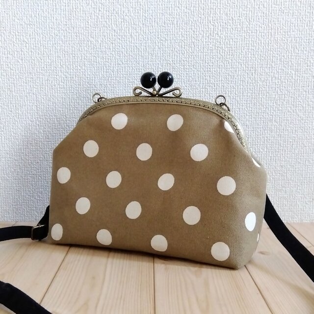 ドット帆布のがま口ショルダーバッグ　ポシェット　ベージュ　332