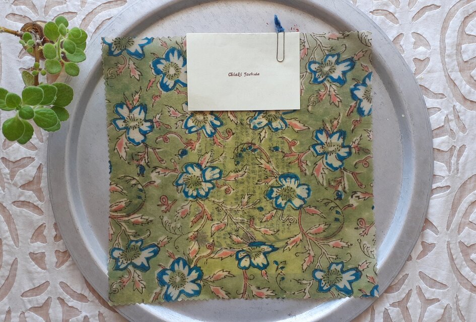 みつろうエコラップ 四角M：若草色 花柄<インド綿ブロックプリント エコラップ eco>