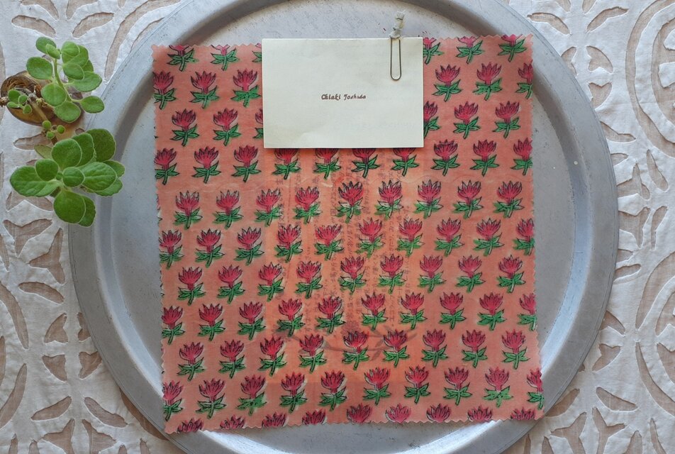 みつろうエコラップ 四角M：ピンク  花柄 チューリップ　<インド綿ブロックプリント エコラップ eco>