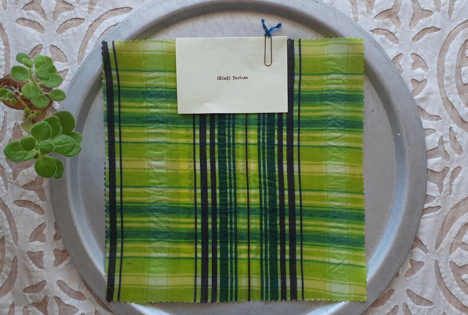 みつろうエコラップ 四角M：きみどり色  マドラスチェック柄 　<インド綿 エコラップ eco>