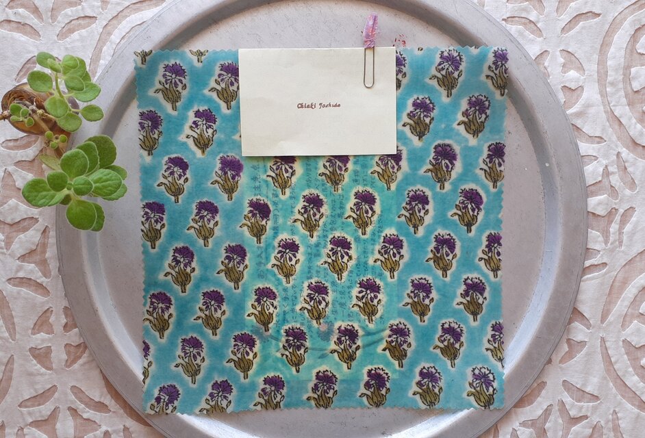 みつろうエコラップ 四角M：エメラルドグリーン パープル  花柄 　<インド綿ブロックプリント エコラップ eco>