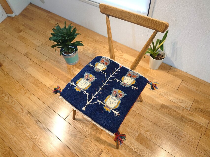 ペルシャ ギャッベ ミニマット ラグ 横40x39㎝ フクロウ 生命の木 紺色