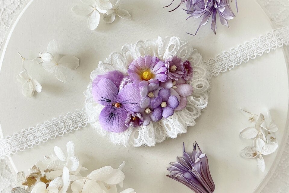 ドール用レースと染め花のスモールヘッドドレス(MLフリー・ビオラ・ライトパープル)