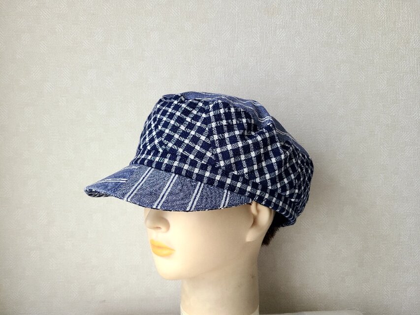 魅せる帽子☆涼しい!!チェック&ストライプの柄遊び♪バイカラーキャスケット～ネイビー&ホワイト