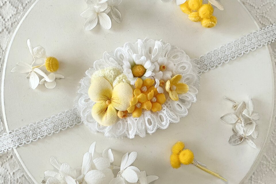 ドール用レースと染め花のスモールヘッドドレス(MLフリー・ビオラ・イエロー)