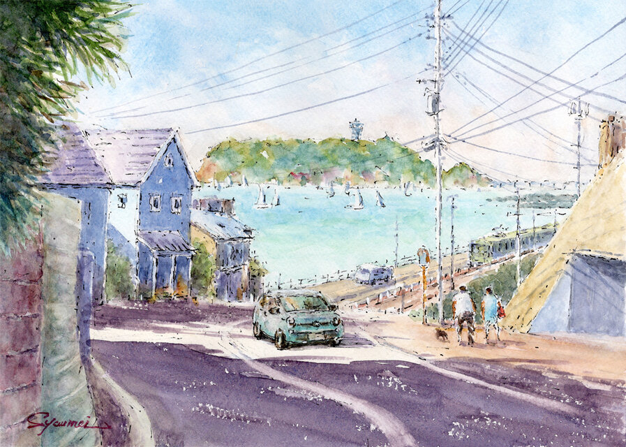 水彩画原画　緑の江の島と七里ガ浜２　＃679 水彩画原画 緑の江の島と七里ガ浜2 ＃679 | iichi 日々の暮らし