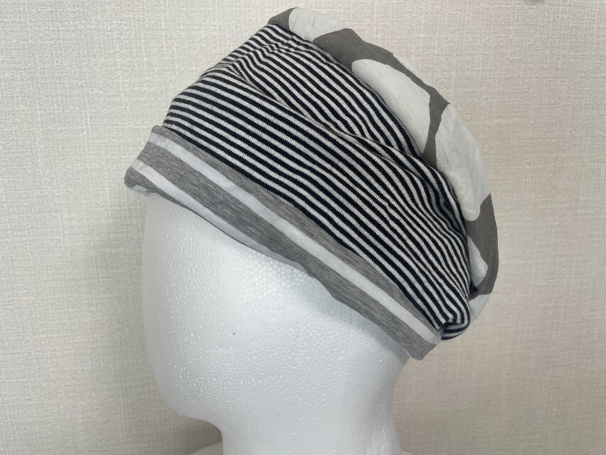 ターバン兼用ストライプ&ビックドットモノトーンハンドメイドネック  