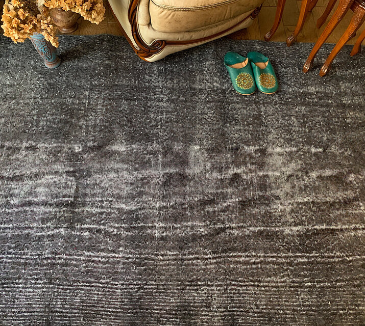 大判 トルコヴィンテージラグ 237×136グレーブラック オーバーダイ