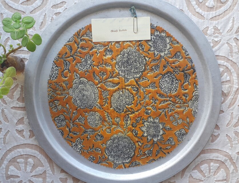 みつろうエコラップまるＬ：黄色 花柄 〈インド綿 ブロックプリント エコラップ エコ〉