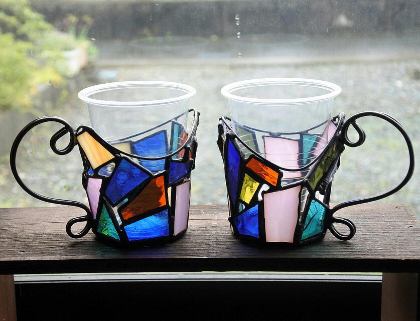 早い者勝ち！一点物 2個セット キャンプ防災にも -ステンドグラス紙コップホルダー - キャンドルや植物プランターとしても