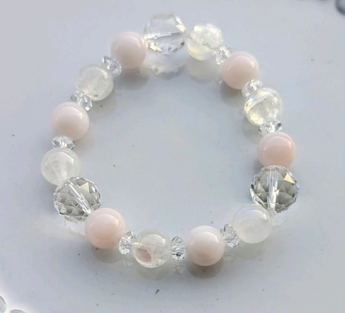 ✨人生への不安を手放し心を癒すクリスタル✨ピンクオパール&ホワイトラブラドライト&クリアクォーツのブレスレット✨