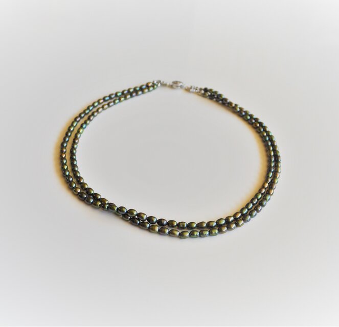 淡水ピーコックグリーンブラックパールの２連ネックレス＊41cm＊3.5～4mm◆送料無料♪ｃｍ