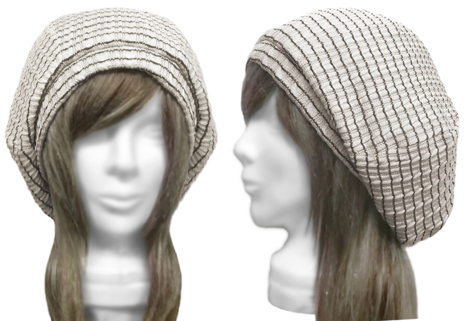 ゆったりルーズ・リブ付ベレー帽◆フクレジャガード織 ボーダー柄コットンニット／ベージュ系　◇小顔効果・オールシーズン着用◇