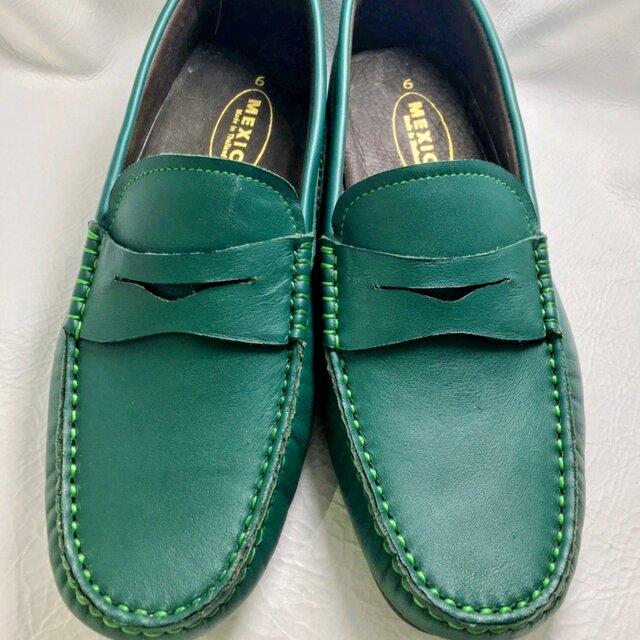 ◇本革ローファー◇無料サイズオーダー◇受注生産◇本革◇グリーン◇色変更無料◇ドライビングソール仕様◇