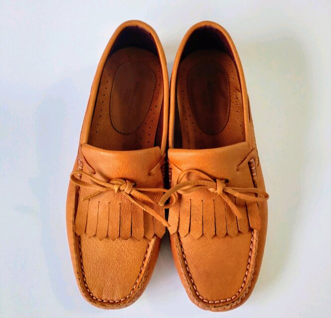 ◇本革キルトローファー◇無料サイズオーダー◇受注生産◇本革◇キャメルオレンジ◇色変更無料◇ドライビングソール仕様◇