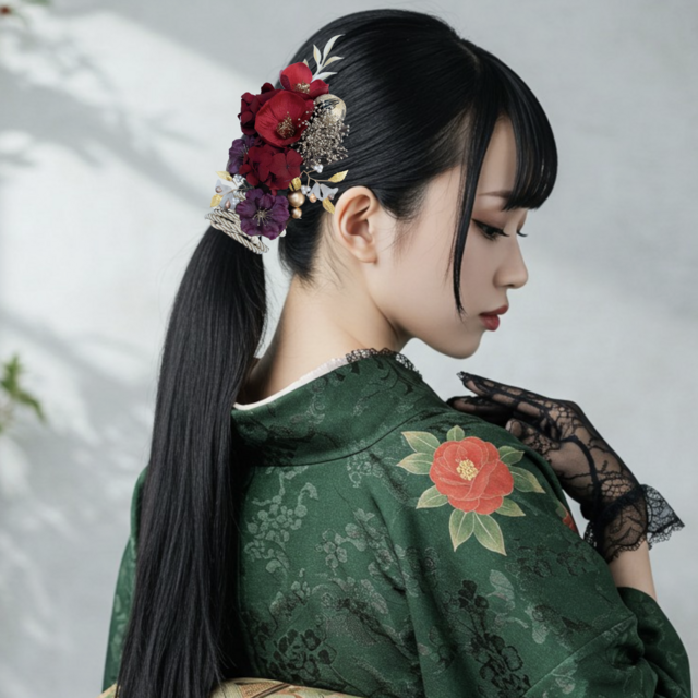 椿と林檎の花の髪飾り　No PT52  成人式髪飾り　卒業式髪飾り　結婚式髪飾り　ヘアアクセサリー　振袖　ポニーテール 紫