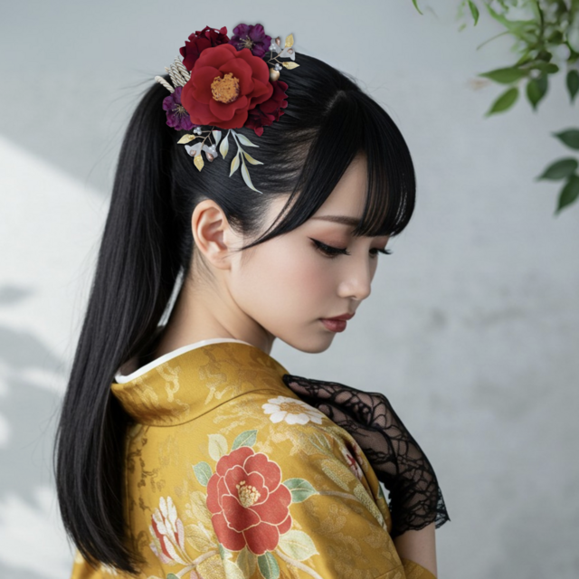 紅椿と林檎の花の髪飾り BT23 成人式髪飾り　卒業式髪飾り　結婚式髪飾り　ヘアアクセサリー　髪かざり　振袖　和装　ポニーテール