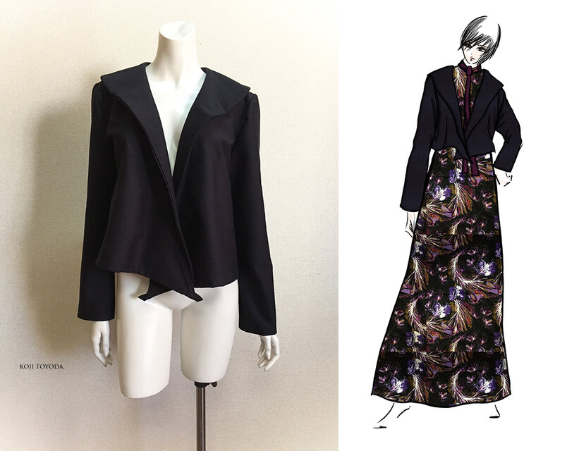 【1点もの・デザイン画付き】綿ポリ混ポンチニット黒紺生地ソフトジャケット（KOJI TOYODA）