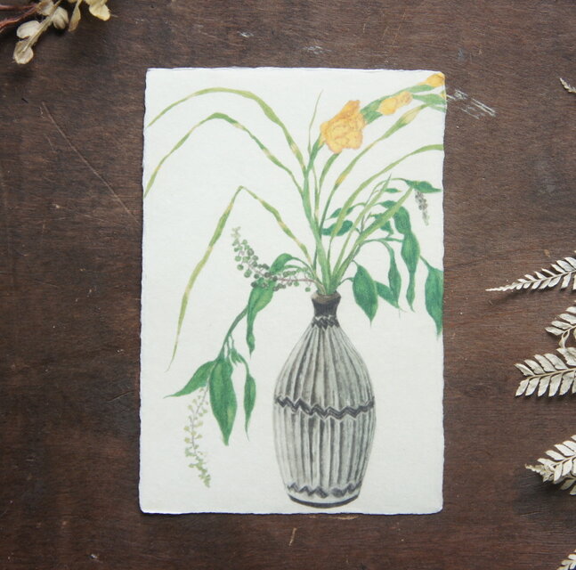 和紙の絵葉書【小鹿田焼きと花】