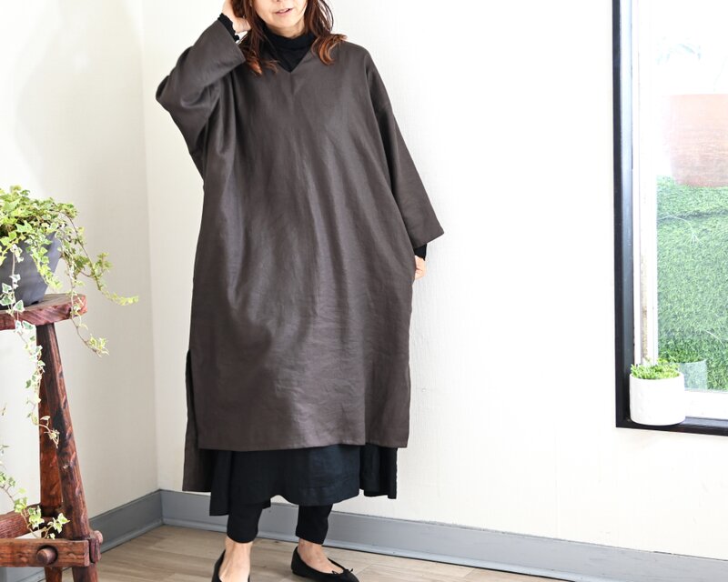 ENYO エニョ ブラウン リネン ロングワンピース フランス製 ENYO エニョ ブラウン リネン ロングワンピース フランス製