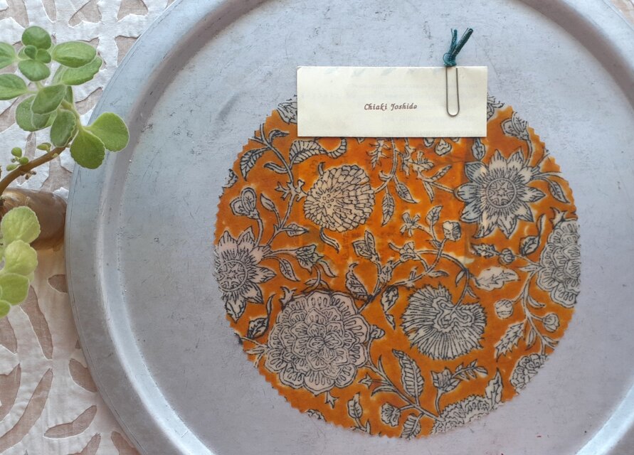 みつろうエコラップ マルＭ：黄色 花柄 ひまわり〈インド綿 ブロックプリント コットン100% エコラップ〉