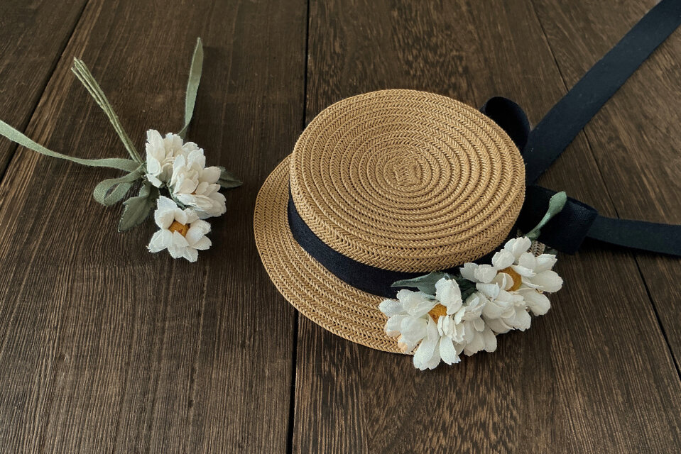 ドール用ドライ風マム付きのカンカン帽と花束のセットB(内径約7.4cm)