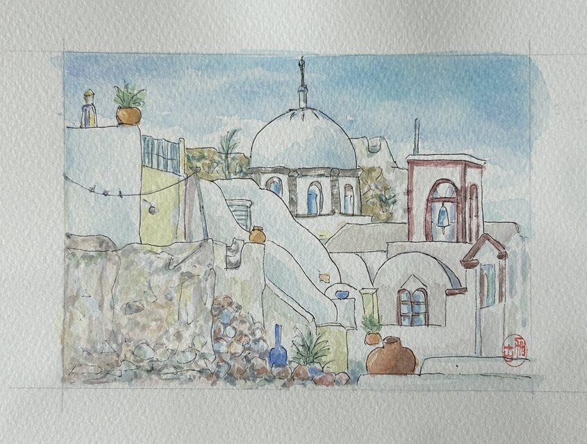 油絵「 サントリーニ島の街 」原画 額付