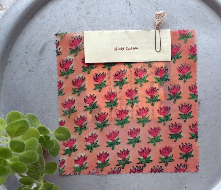 みつろうエコラップ 四角S：ピンク　花柄 チューリップ <インド綿ブロックプリント コットン みつろう エコラップ エコ>