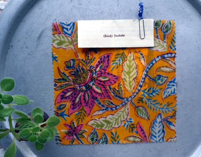 みつろうエコラップ 四角S：黄色 トロピカル 花柄 <インド綿ブロックプリント コットン みつろう エコラップ エコ>