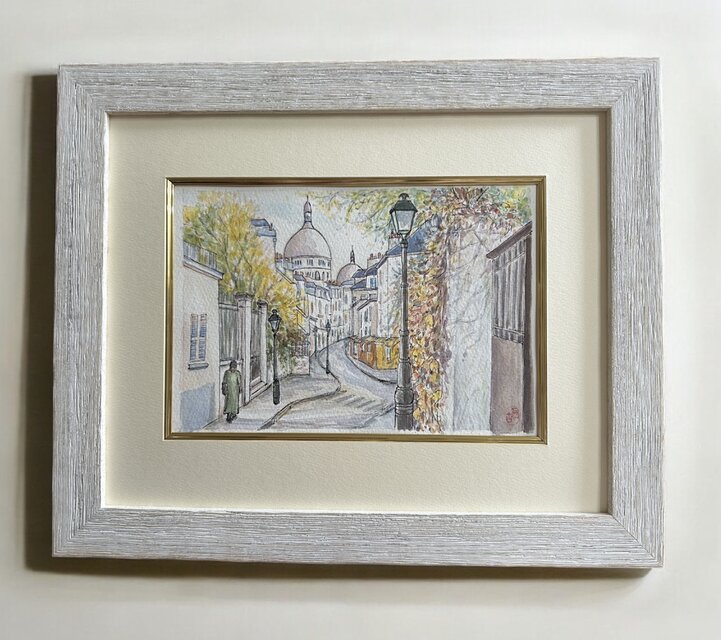 サクレクール寺院へ(フランス、パリ、水彩画、原画、額付き)