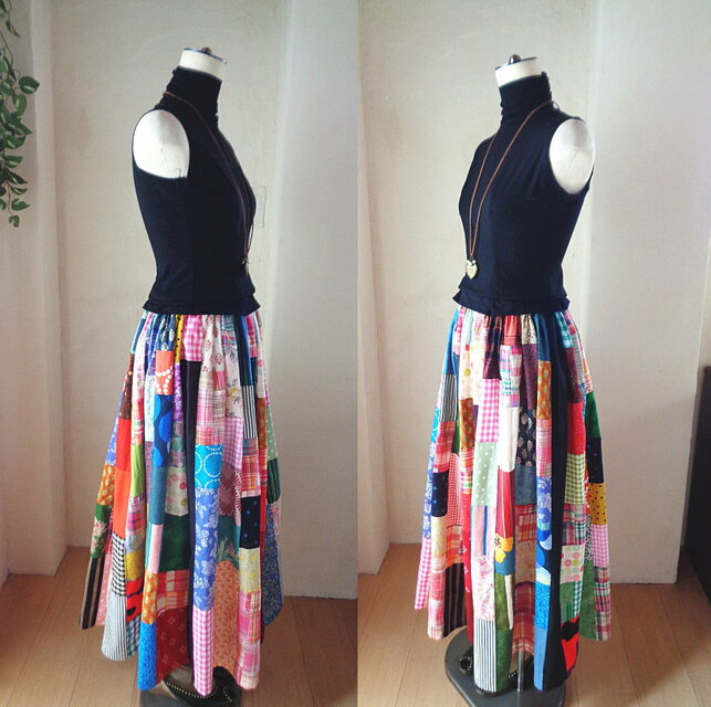 sold True colors♥マキシ丈♥絵画なパッチワーク♥ボリューム