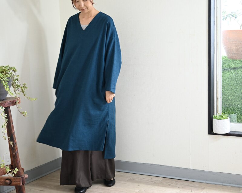 new arrival】鉄紺色：万能コーデのリネンワンピース：長シーズン