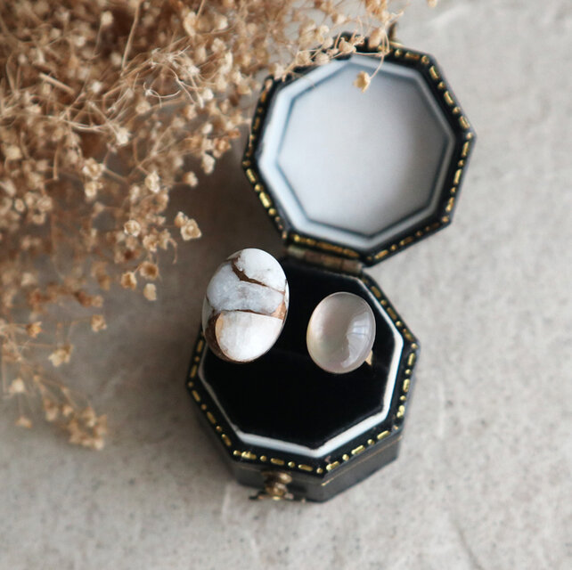 天然石コッパーカルサイトとスモーキークォーツのフォークリング　金アレ対応