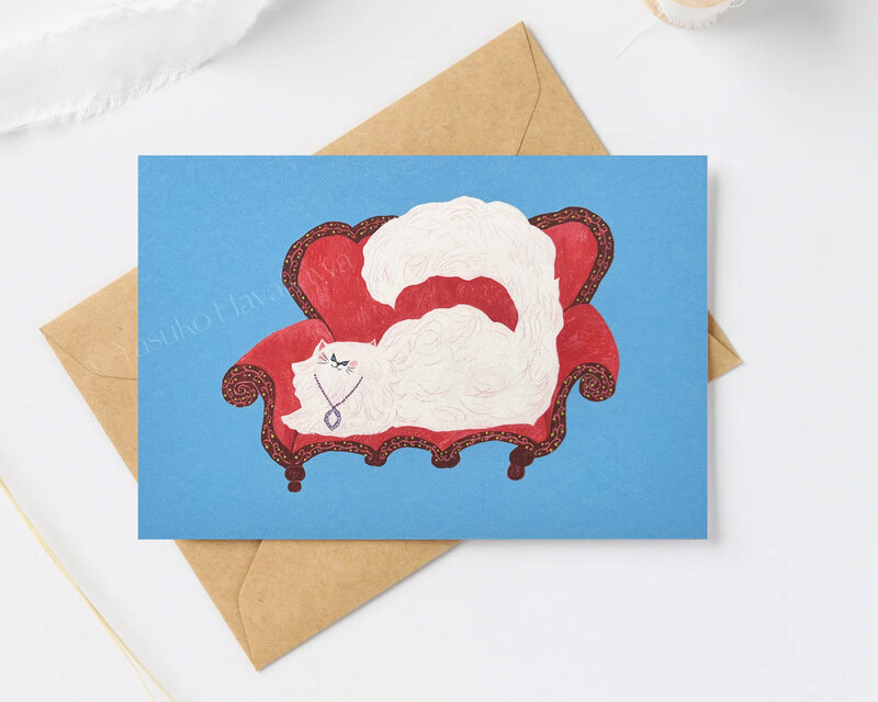 （23）ペルシャ猫と赤いソファー　ポストカード　3枚セット