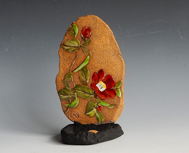 釉描彩椿図香立て