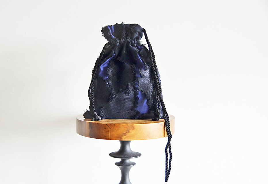 数量限定! DUTEL フリンジフラワー ジャガード 3way巾着ショルダーバッグ  ブルーブラック