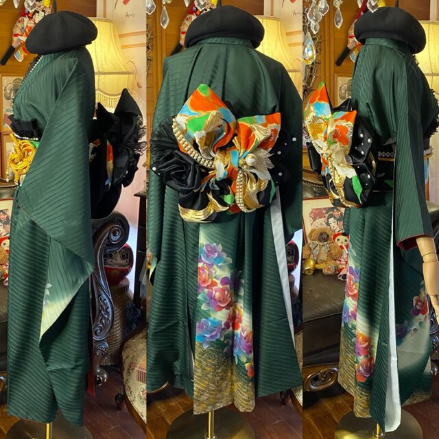 着物　振り袖リメイク　ロングワンピースドレス　アンサンブル　 ショール付き　L 振袖 着物 ロングワンピース ドレス 2部式ローズ/バラ作り帯