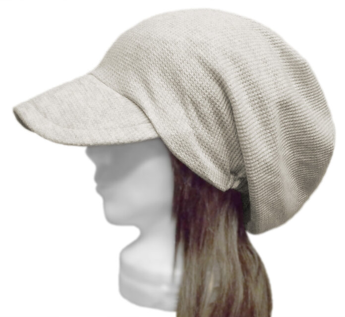 つば広ルーズキャスケット◆ワッフル織コットンニット／杢オートミール　◇紫外線対策・ゆったりサイズ・小顔効果・オールシーズン着用◇