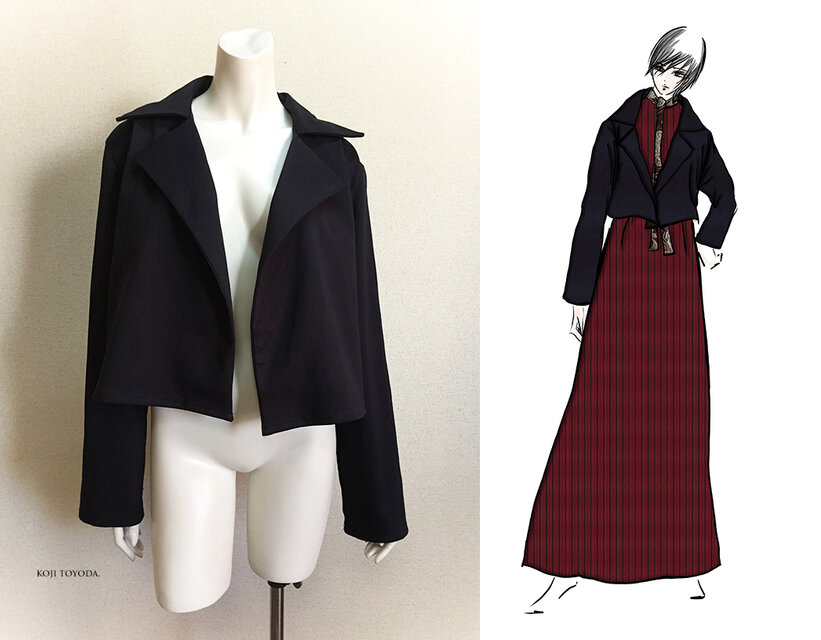 【1点もの・デザイン画付き】綿ポリ混ポンチニット黒紺生地ソフトジャケット（KOJI TOYODA）
