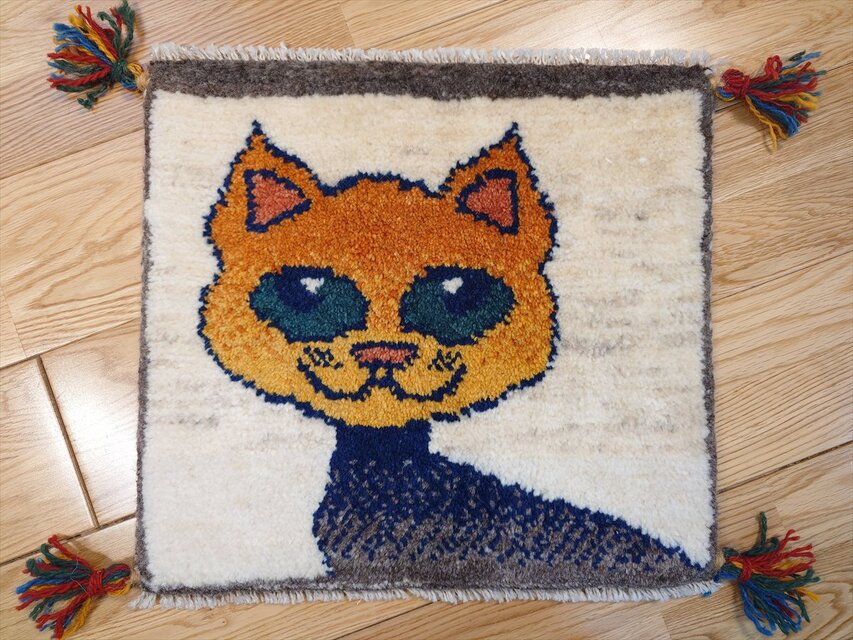 ペルシャギャッベ　ミニマット　横39.5x37cm　猫　オレンジ　T5837