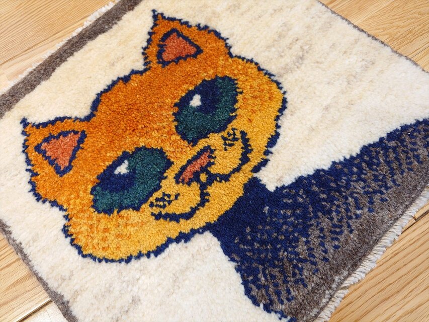 ペルシャギャッベ ミニマット 横39.5x37cm 猫 オレンジ T5837 | iichi