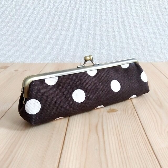 ドット帆布のがま口ペンケース　口金19.5cm　ブラウン　339
