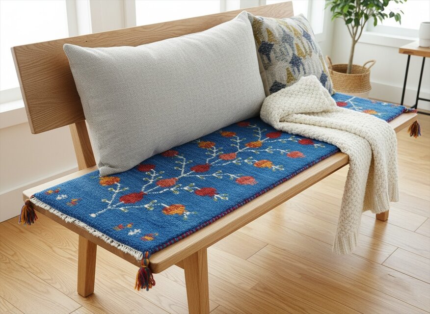 ペルシャ　ギャッベ　ミニランナー　ラグ　118x43cm　 青　ザクロの実　RJ15195